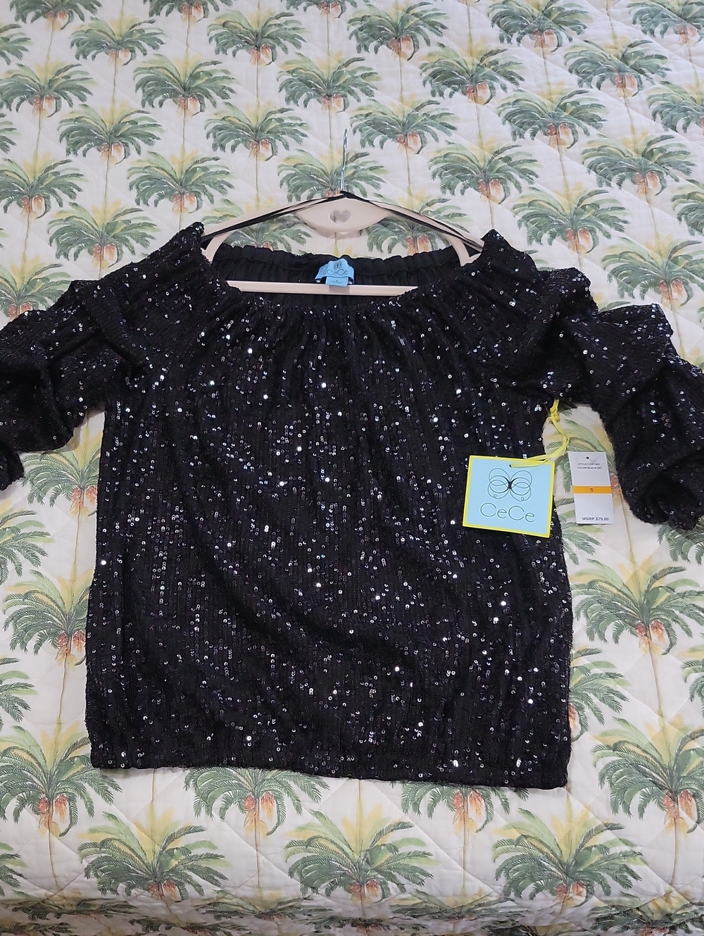 NWT - STUNNING CeCe Black Sequin Off-Shoulder Blouse